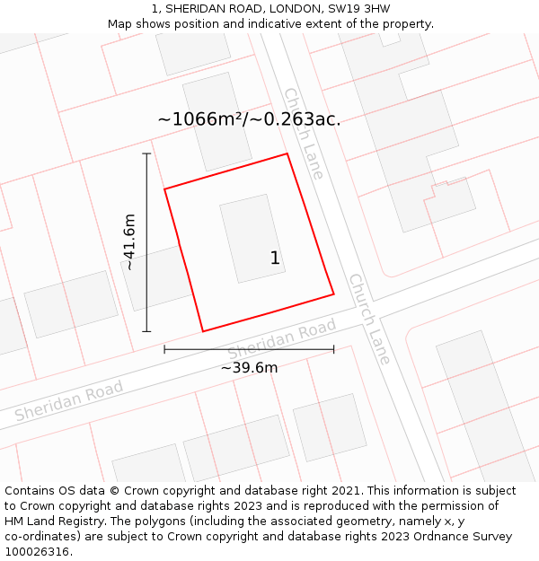 1, SHERIDAN ROAD, LONDON, SW19 3HW: Plot and title map