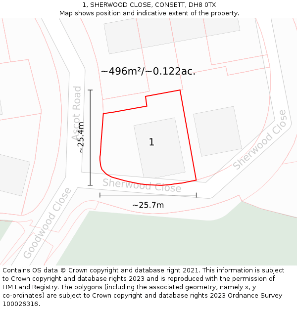 1, SHERWOOD CLOSE, CONSETT, DH8 0TX: Plot and title map