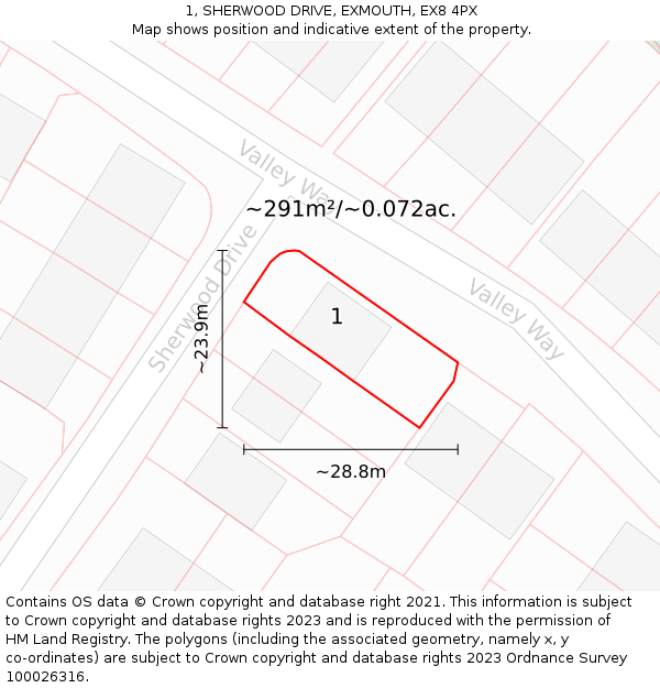 1, SHERWOOD DRIVE, EXMOUTH, EX8 4PX: Plot and title map