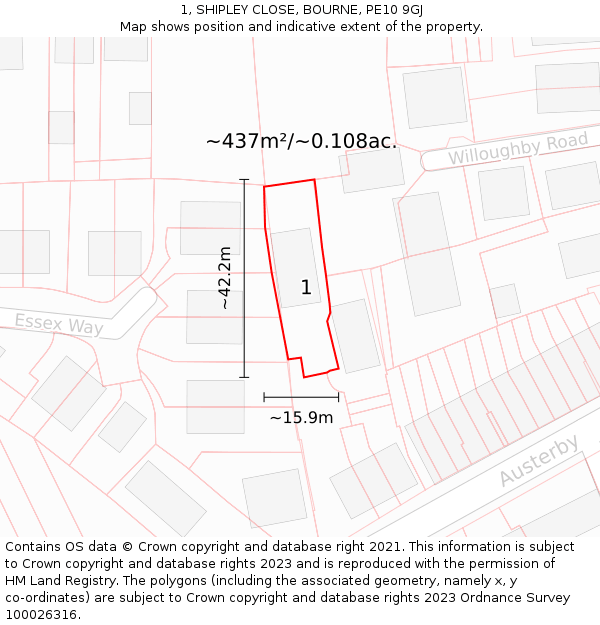 1, SHIPLEY CLOSE, BOURNE, PE10 9GJ: Plot and title map