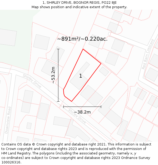 1, SHIRLEY DRIVE, BOGNOR REGIS, PO22 8JE: Plot and title map