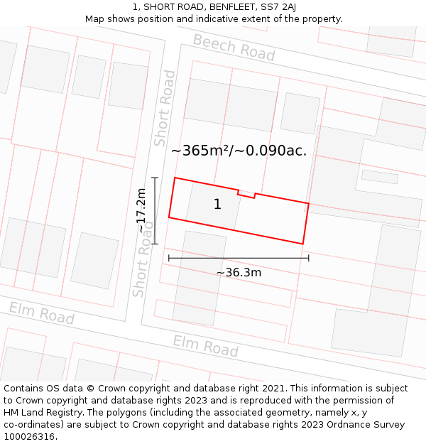 1, SHORT ROAD, BENFLEET, SS7 2AJ: Plot and title map