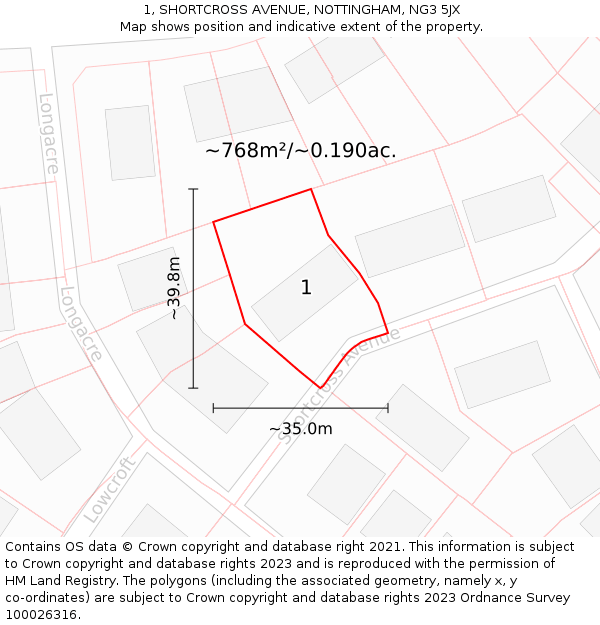 1, SHORTCROSS AVENUE, NOTTINGHAM, NG3 5JX: Plot and title map