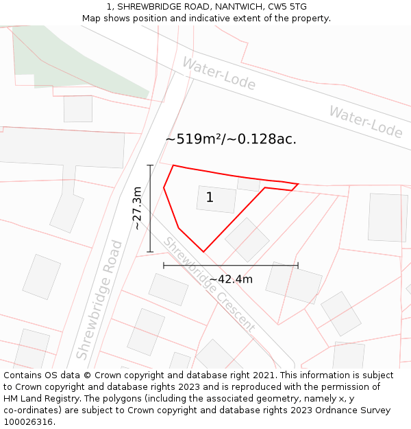 1, SHREWBRIDGE ROAD, NANTWICH, CW5 5TG: Plot and title map