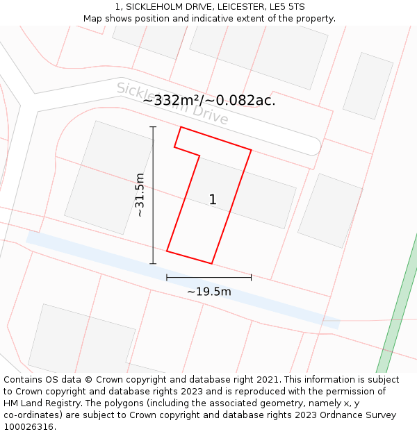 1, SICKLEHOLM DRIVE, LEICESTER, LE5 5TS: Plot and title map