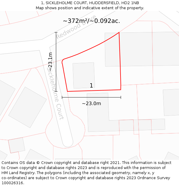 1, SICKLEHOLME COURT, HUDDERSFIELD, HD2 1NB: Plot and title map