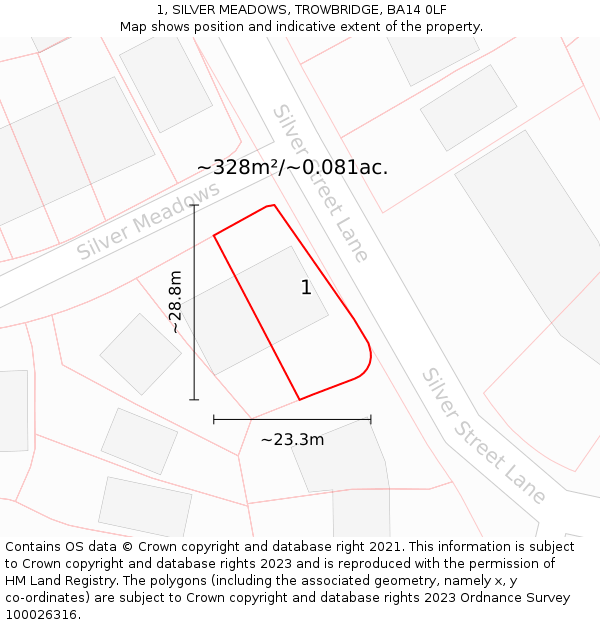 1, SILVER MEADOWS, TROWBRIDGE, BA14 0LF: Plot and title map