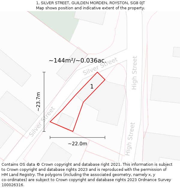 1, SILVER STREET, GUILDEN MORDEN, ROYSTON, SG8 0JT: Plot and title map