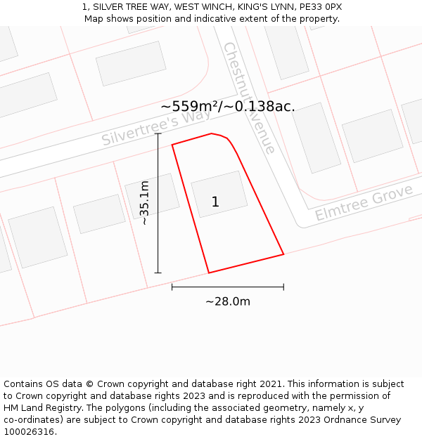 1, SILVER TREE WAY, WEST WINCH, KING'S LYNN, PE33 0PX: Plot and title map