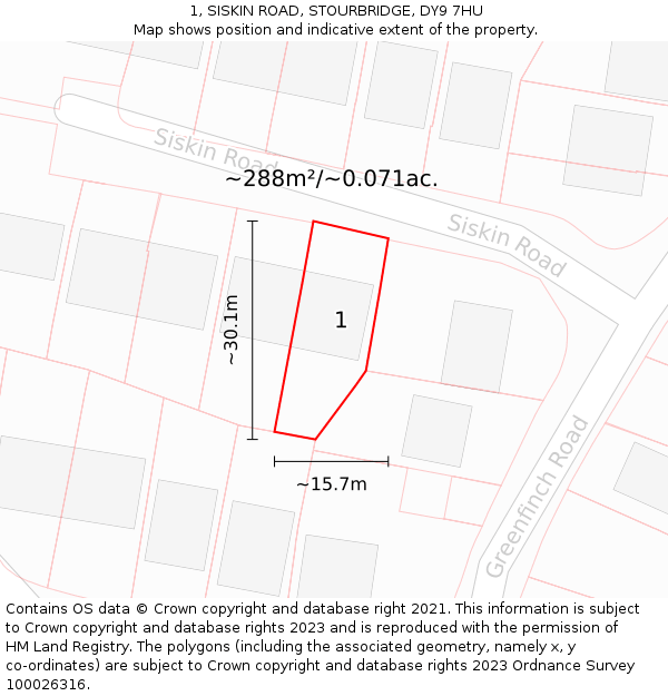 1, SISKIN ROAD, STOURBRIDGE, DY9 7HU: Plot and title map