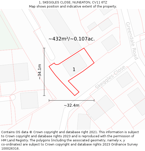 1, SKEGGLES CLOSE, NUNEATON, CV11 6TZ: Plot and title map