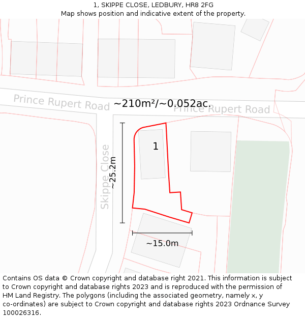 1, SKIPPE CLOSE, LEDBURY, HR8 2FG: Plot and title map