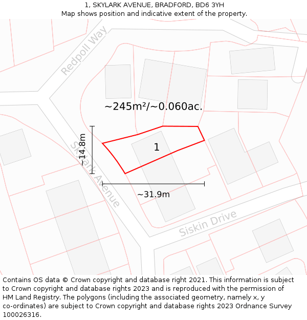 1, SKYLARK AVENUE, BRADFORD, BD6 3YH: Plot and title map