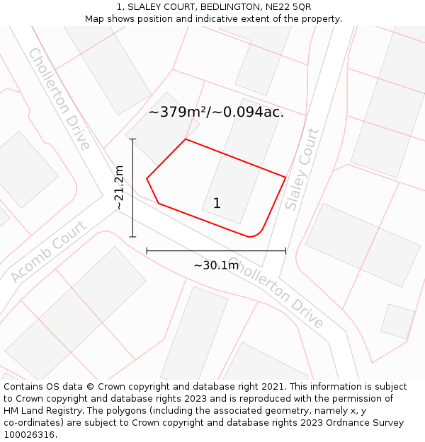 1, SLALEY COURT, BEDLINGTON, NE22 5QR: Plot and title map