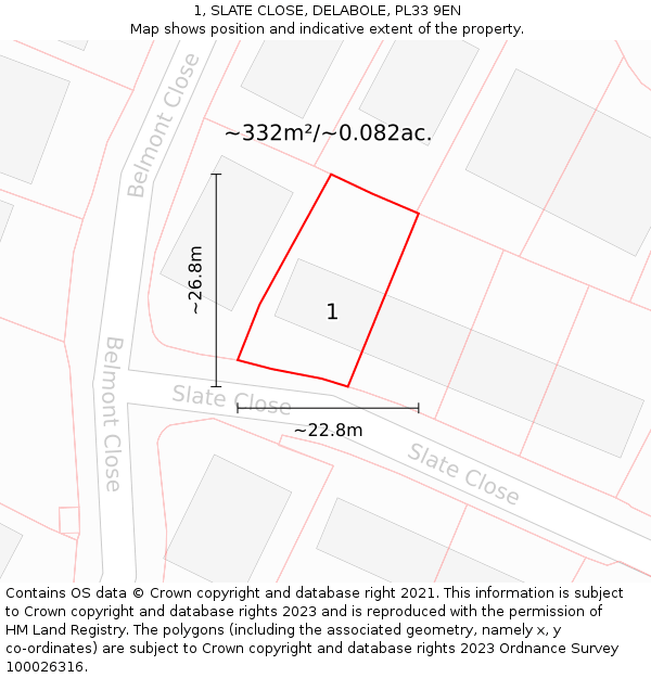 1, SLATE CLOSE, DELABOLE, PL33 9EN: Plot and title map