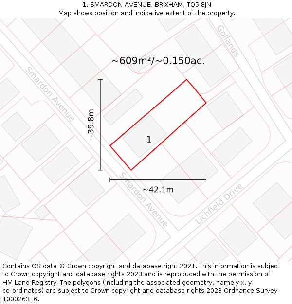 1, SMARDON AVENUE, BRIXHAM, TQ5 8JN: Plot and title map