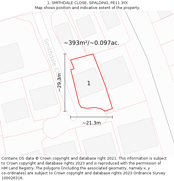 1, SMITHDALE CLOSE, SPALDING, PE11 3YX: Plot and title map