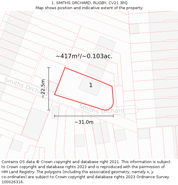 1, SMITHS ORCHARD, RUGBY, CV21 3PQ: Plot and title map