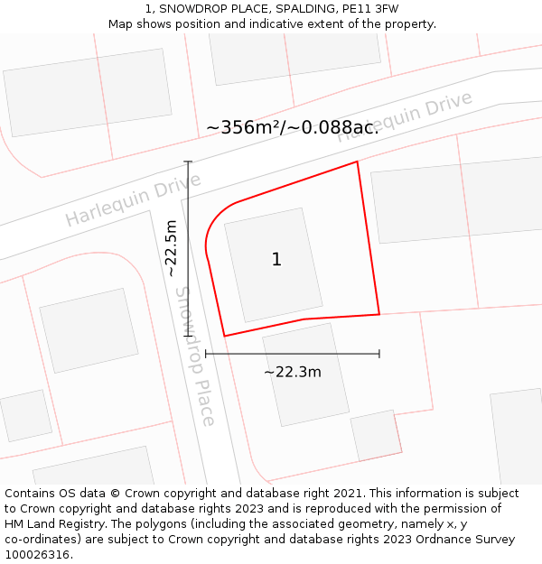 1, SNOWDROP PLACE, SPALDING, PE11 3FW: Plot and title map