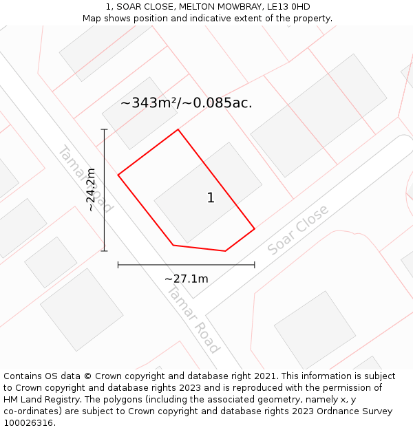 1, SOAR CLOSE, MELTON MOWBRAY, LE13 0HD: Plot and title map