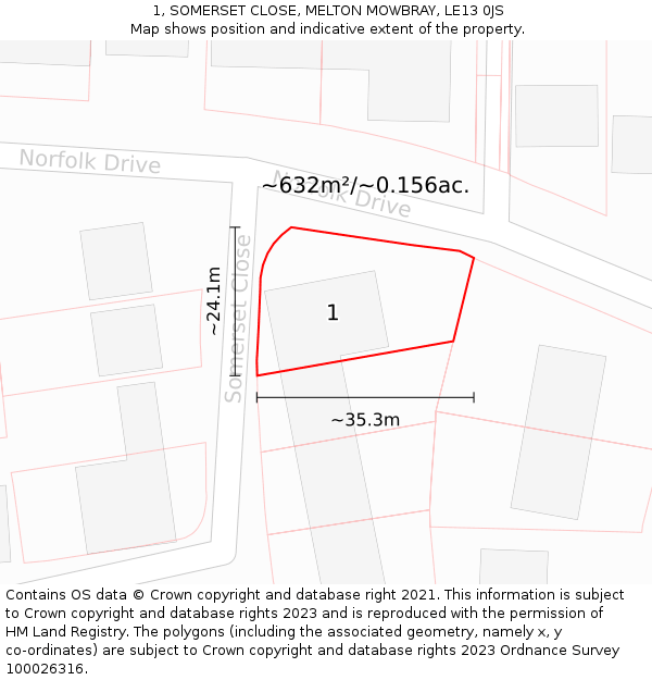 1, SOMERSET CLOSE, MELTON MOWBRAY, LE13 0JS: Plot and title map