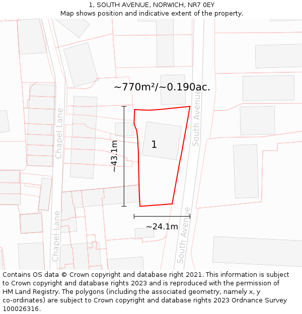 1, SOUTH AVENUE, NORWICH, NR7 0EY: Plot and title map