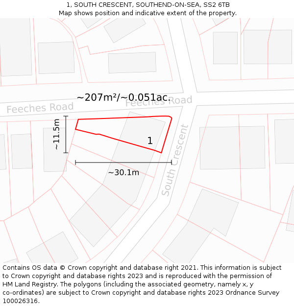 1, SOUTH CRESCENT, SOUTHEND-ON-SEA, SS2 6TB: Plot and title map