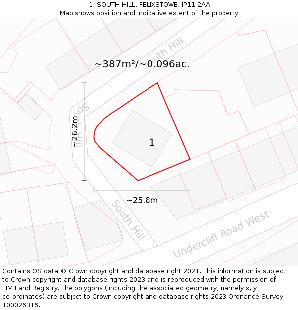 1, SOUTH HILL, FELIXSTOWE, IP11 2AA: Plot and title map