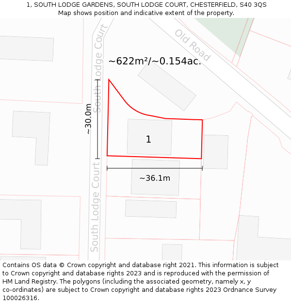 1, SOUTH LODGE GARDENS, SOUTH LODGE COURT, CHESTERFIELD, S40 3QS: Plot and title map