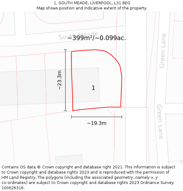 1, SOUTH MEADE, LIVERPOOL, L31 8EG: Plot and title map