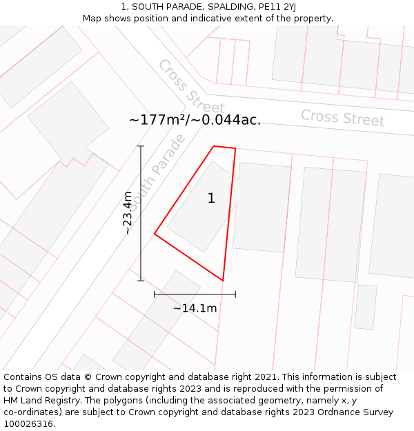 1, SOUTH PARADE, SPALDING, PE11 2YJ: Plot and title map