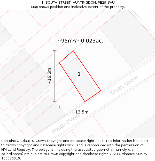 1, SOUTH STREET, HUNTINGDON, PE29 1WU: Plot and title map