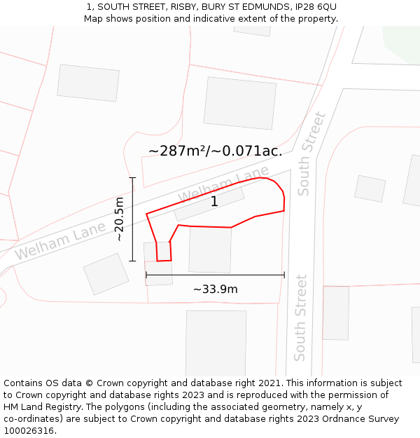 1, SOUTH STREET, RISBY, BURY ST EDMUNDS, IP28 6QU: Plot and title map