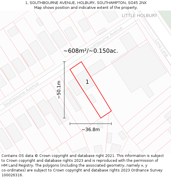 1, SOUTHBOURNE AVENUE, HOLBURY, SOUTHAMPTON, SO45 2NX: Plot and title map