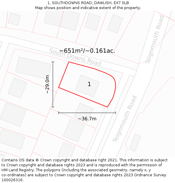 1, SOUTHDOWNS ROAD, DAWLISH, EX7 0LB: Plot and title map