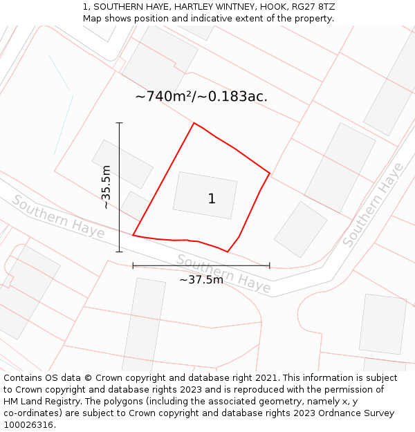 1, SOUTHERN HAYE, HARTLEY WINTNEY, HOOK, RG27 8TZ: Plot and title map