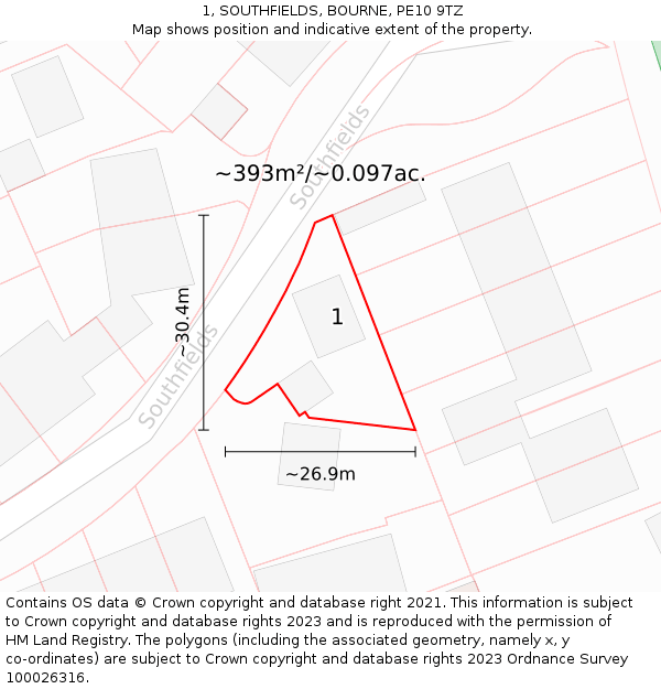 1, SOUTHFIELDS, BOURNE, PE10 9TZ: Plot and title map