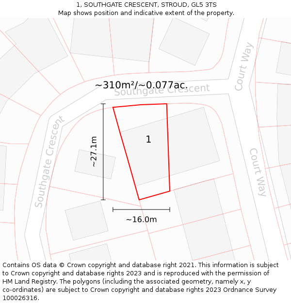 1, SOUTHGATE CRESCENT, STROUD, GL5 3TS: Plot and title map