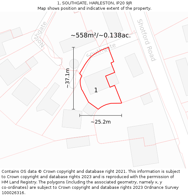 1, SOUTHGATE, HARLESTON, IP20 9JR: Plot and title map