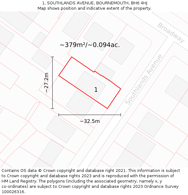 1, SOUTHLANDS AVENUE, BOURNEMOUTH, BH6 4HJ: Plot and title map