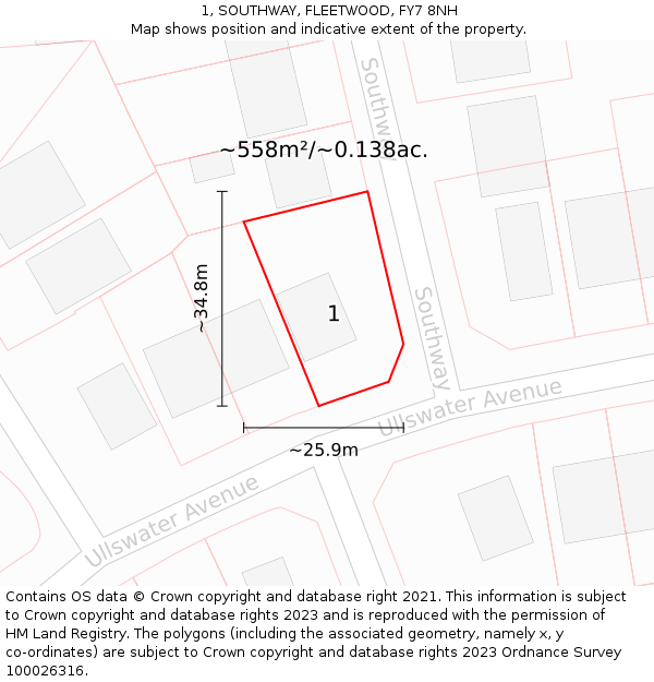1, SOUTHWAY, FLEETWOOD, FY7 8NH: Plot and title map