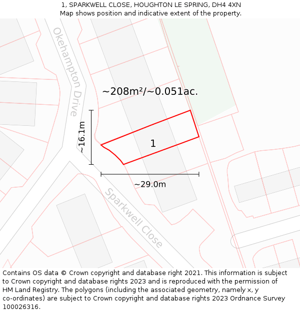 1, SPARKWELL CLOSE, HOUGHTON LE SPRING, DH4 4XN: Plot and title map