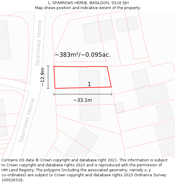 1, SPARROWS HERNE, BASILDON, SS16 5JH: Plot and title map