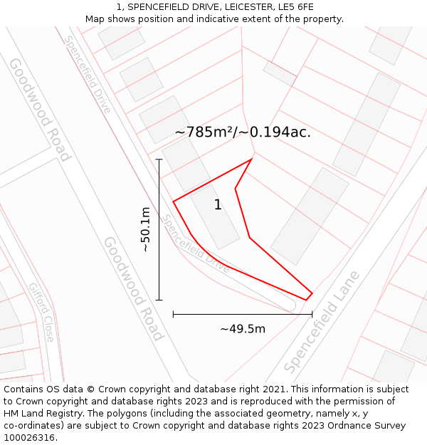 1, SPENCEFIELD DRIVE, LEICESTER, LE5 6FE: Plot and title map