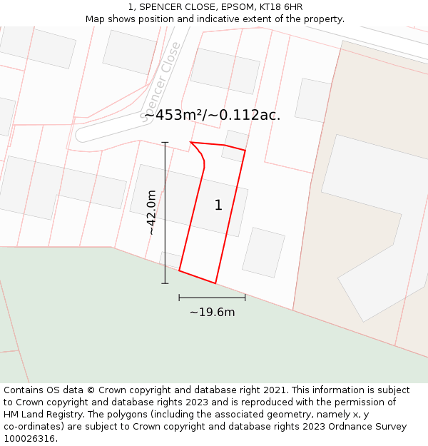 1, SPENCER CLOSE, EPSOM, KT18 6HR: Plot and title map