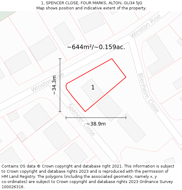 1, SPENCER CLOSE, FOUR MARKS, ALTON, GU34 5JG: Plot and title map