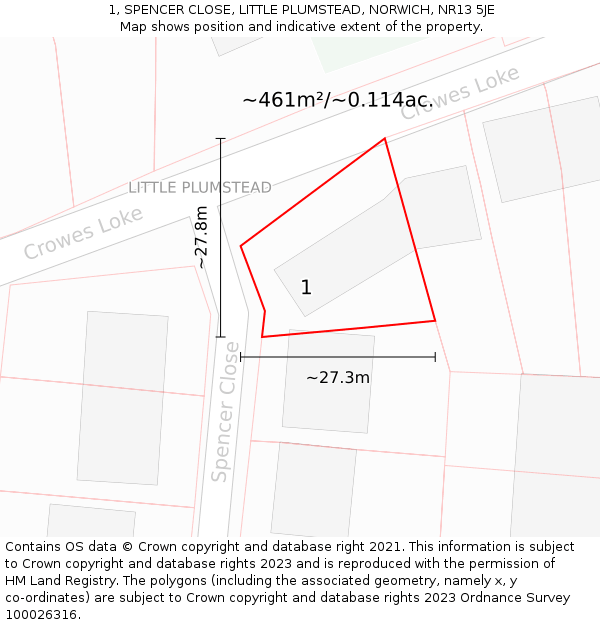 1, SPENCER CLOSE, LITTLE PLUMSTEAD, NORWICH, NR13 5JE: Plot and title map