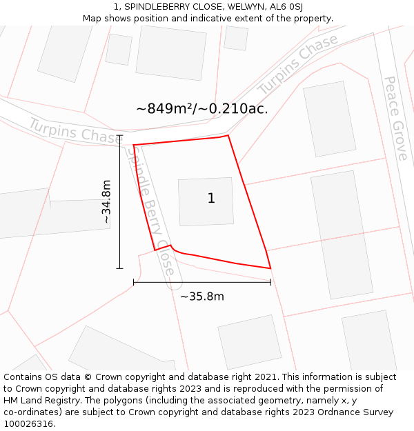 1, SPINDLEBERRY CLOSE, WELWYN, AL6 0SJ: Plot and title map