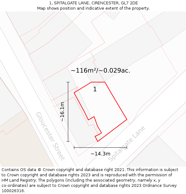 1, SPITALGATE LANE, CIRENCESTER, GL7 2DE: Plot and title map