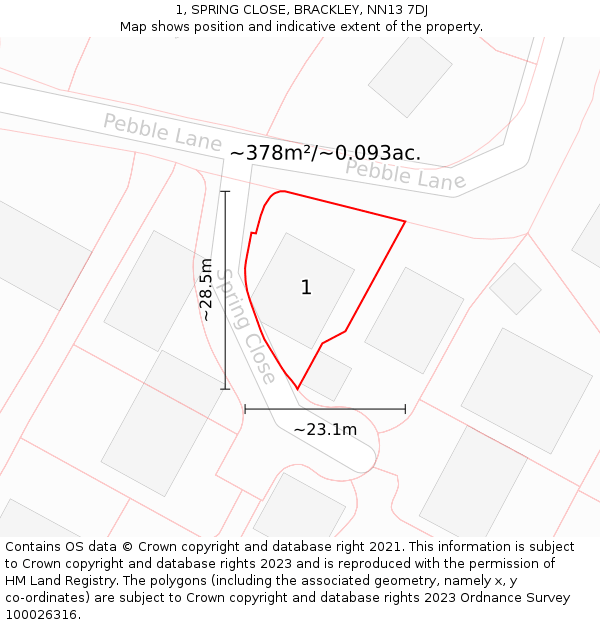 1, SPRING CLOSE, BRACKLEY, NN13 7DJ: Plot and title map